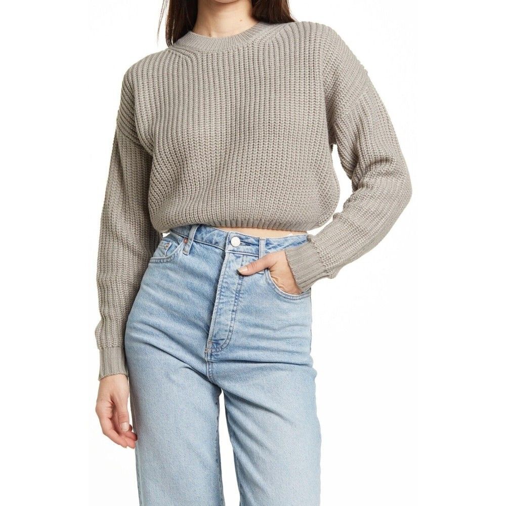 Elodie Nordstrom Sweater Crop Top Size S Light Grey Ribbed Crewneck NWT B39